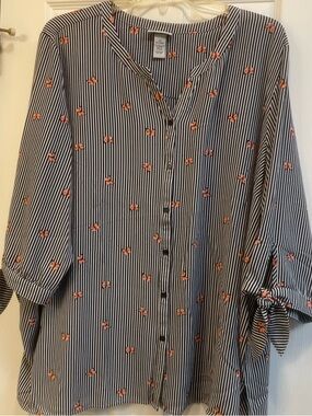 Catherines Navy & White Striped Blouse with Coral Butterflies.    (104)